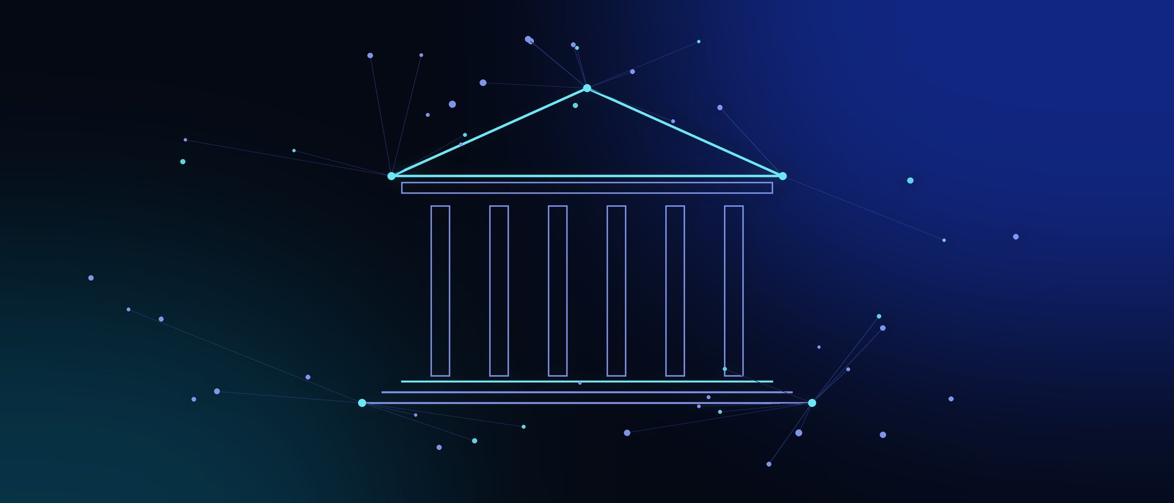 Abstract illustration of a public building with columns, drawn in lines of light and connected by a network of blue and cyan dots.